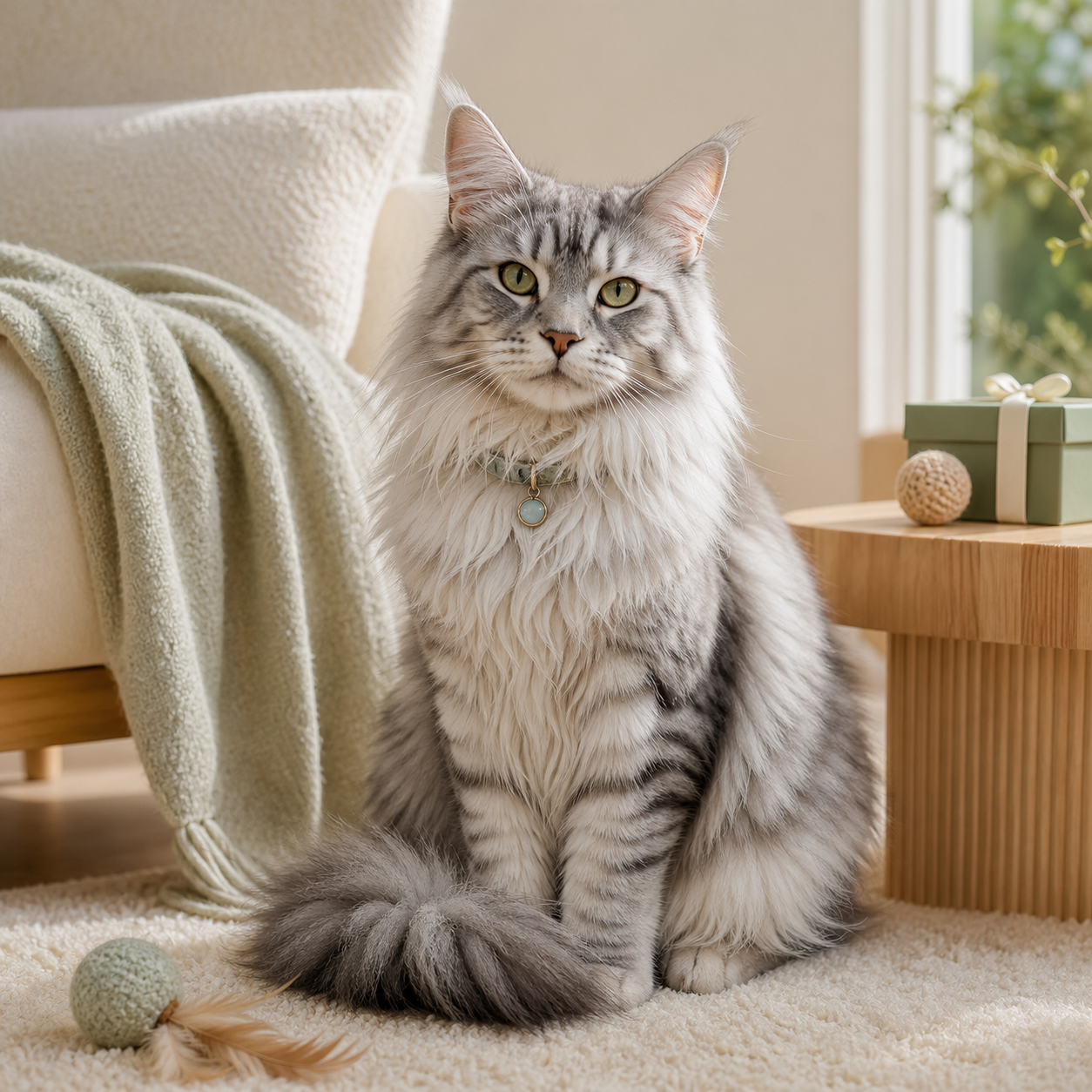 Lumi the silver-gray Maine Coon in a premium cat shop scene