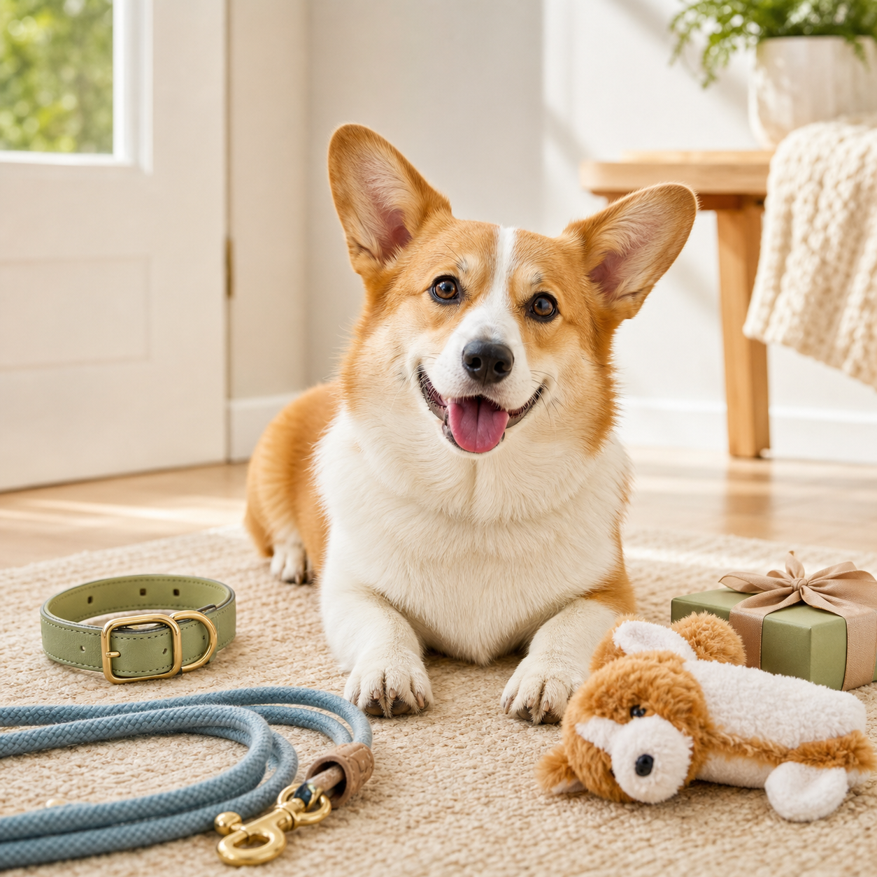 Biscuit the corgi in a premium dog shop scene